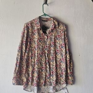 Floral Button Down Shirt with Red and Cream Accents